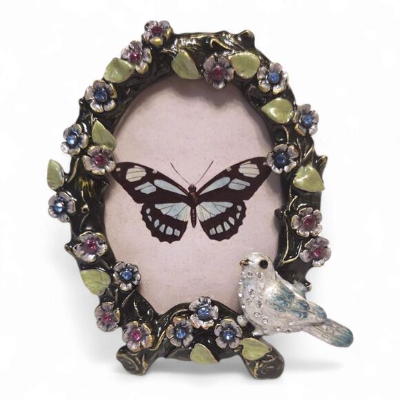 Vintage Enameled & Jeweled Picture Frame, 4"H, Flowers & Blue Bird – Butterfly - Picture 1 of 8